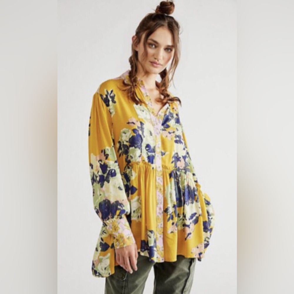 Free People Brunch A Bunch Tunic Shirt Floral Print Yellow-Gold Blouse- Small